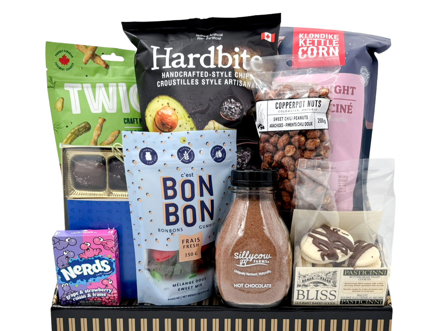 gift basket containing local and Canadian made snacks that you would eat during a movie and gift also has a cineplex gift card
