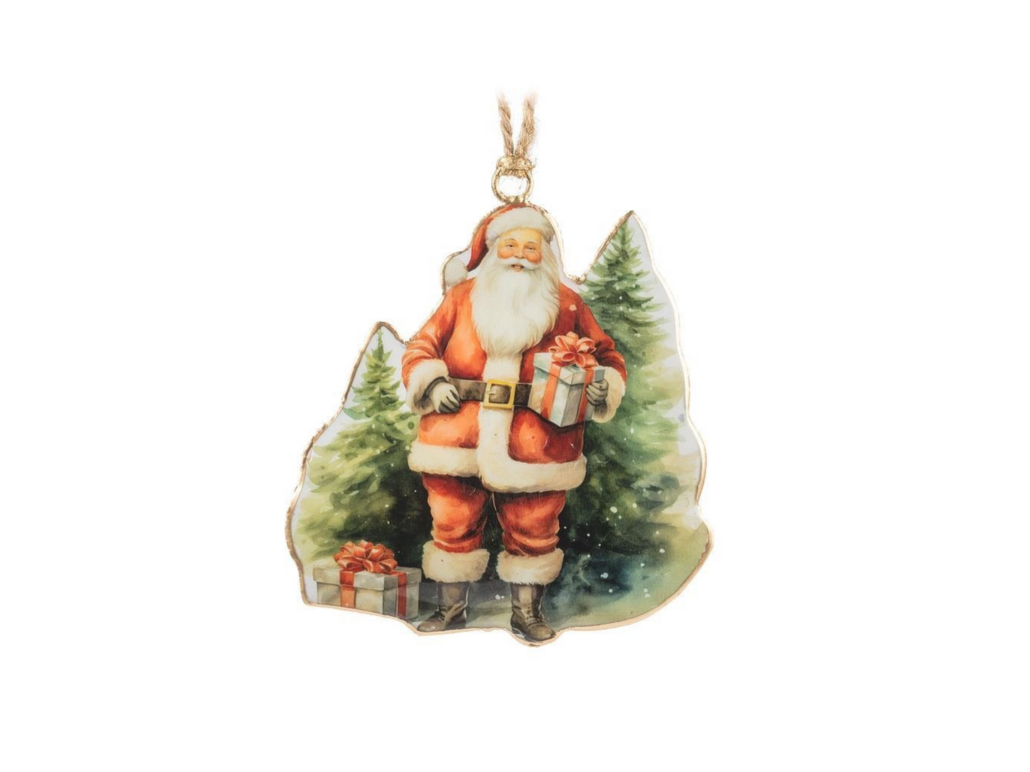 Christmas ornament featuring Santa Claus with a gift, surrounded by trees on a white background.