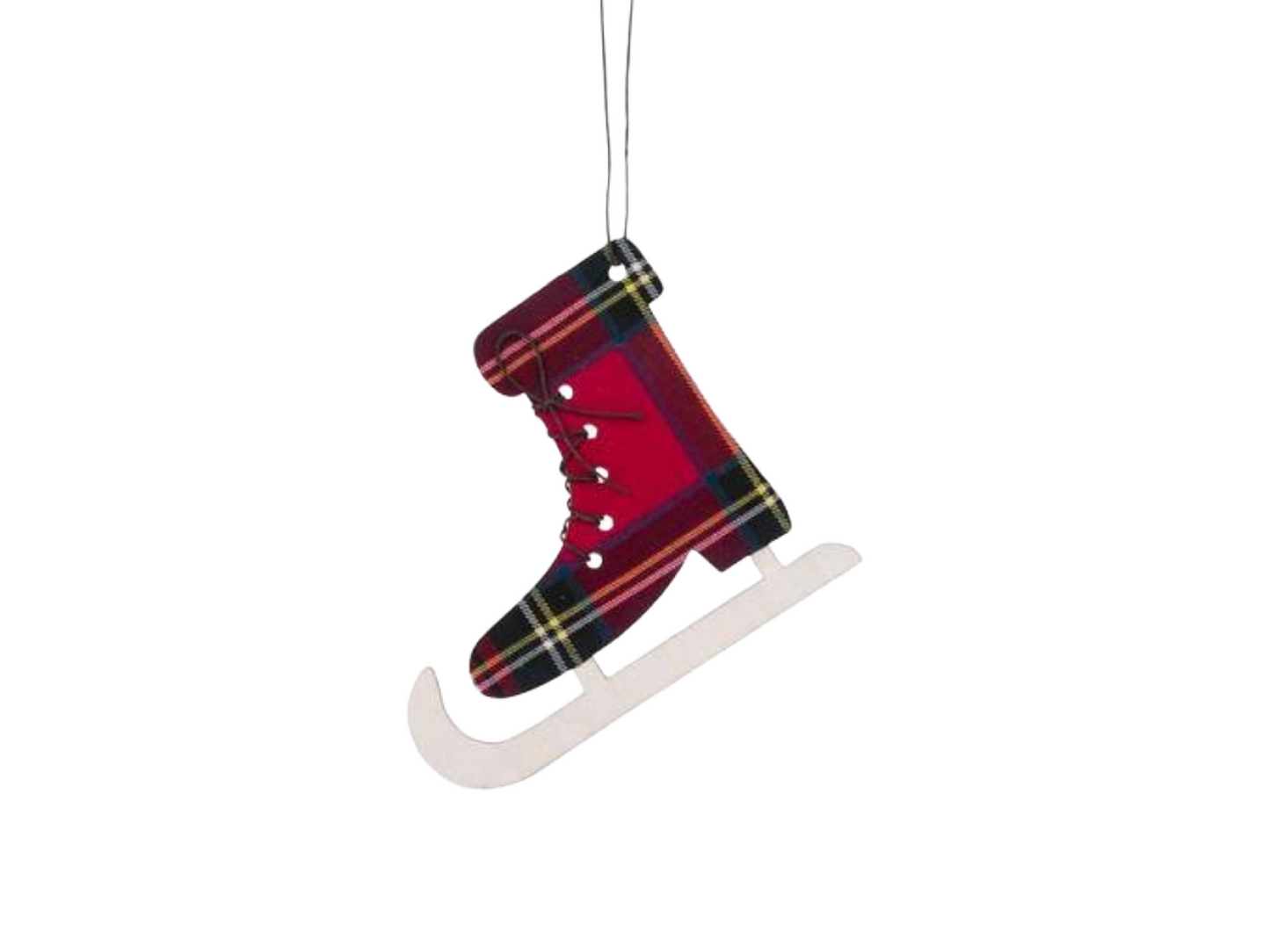 Plaid ice skate ornament on a white background