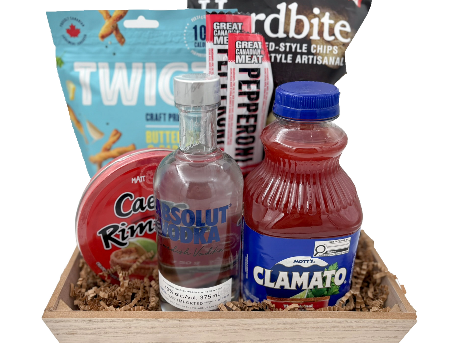 Gift basket with alcohol, snacks, and condiments on a white background
