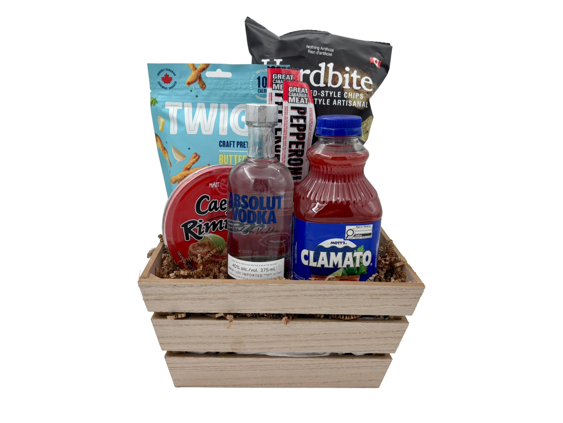 Gift basket with drinks and snacks on a white background the theme is a vodka caesar