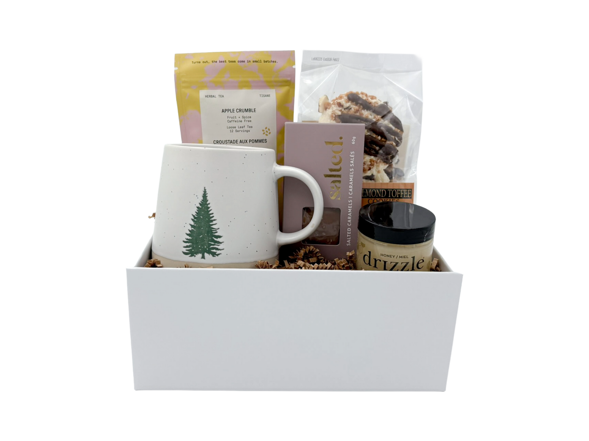 gift box with tea or coffee, mug, cookies and honey