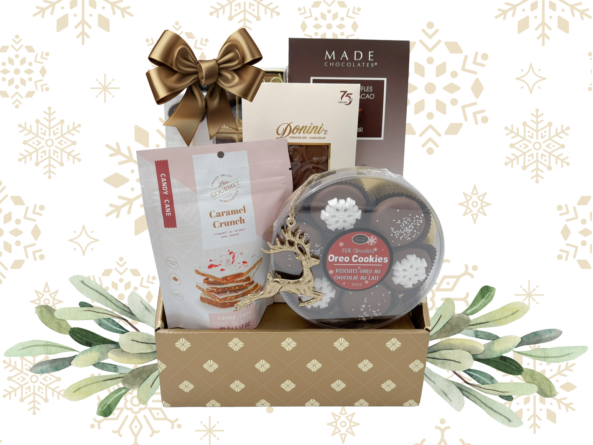 Gift box with cookies, chocolate, and a bow on a decorative background