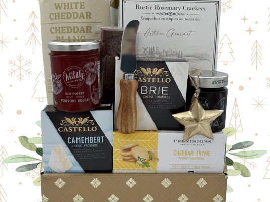 cheese themed holiday gift with gourmet snacks on a festive background.