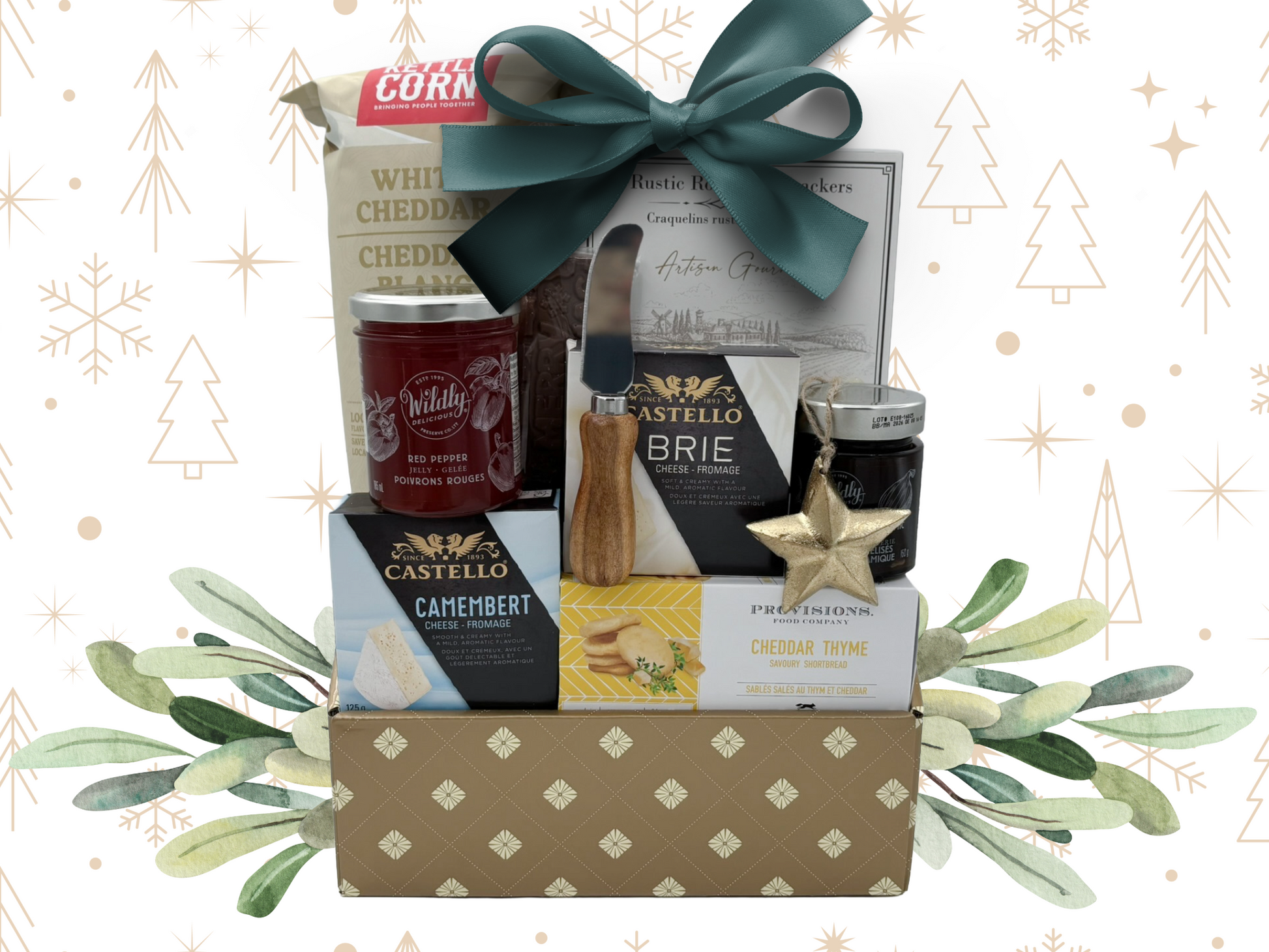 cheese themed holiday gift with gourmet snacks on a festive background.