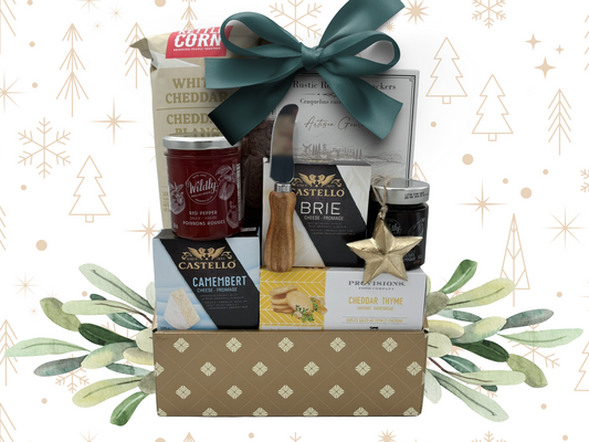 cheese themed holiday gift with gourmet snacks on a festive background.