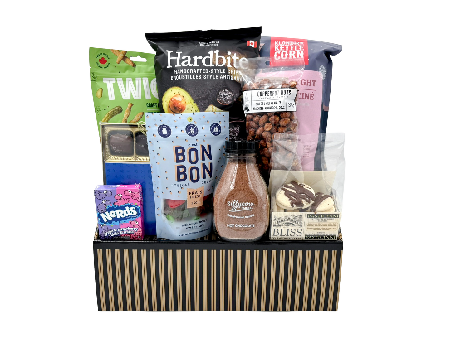 gift basket containing local and Canadian made snacks that you would eat during a movie and gift also has a cineplex gift card