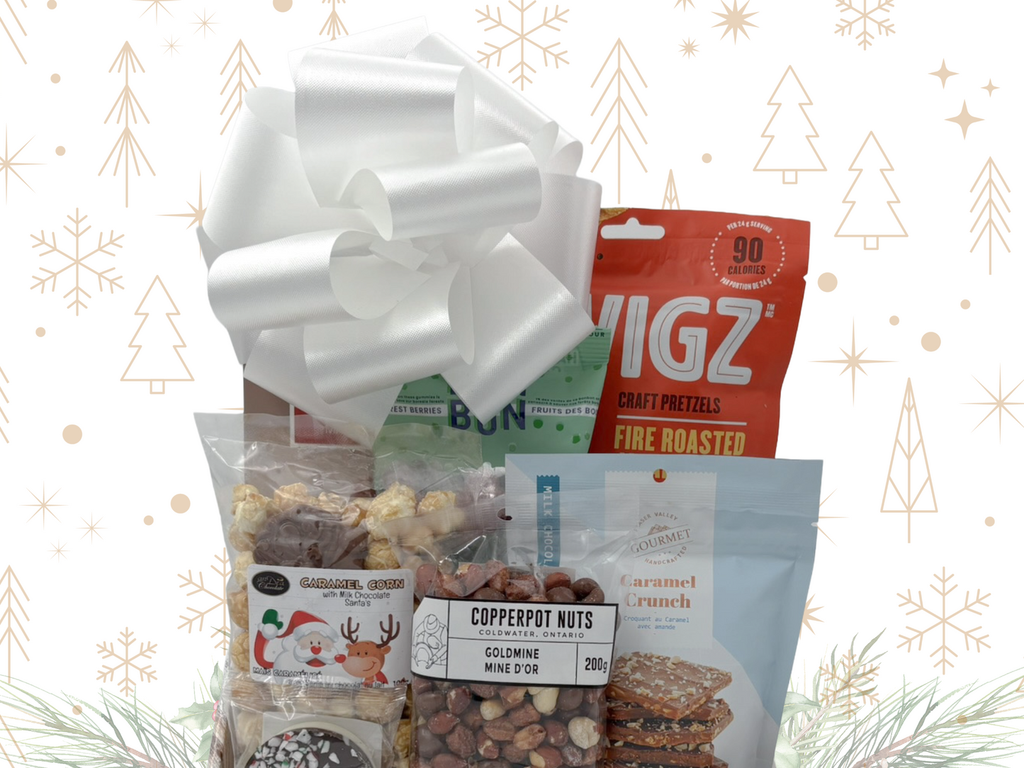 Assorted snack packages with a large white bow on a decorative background