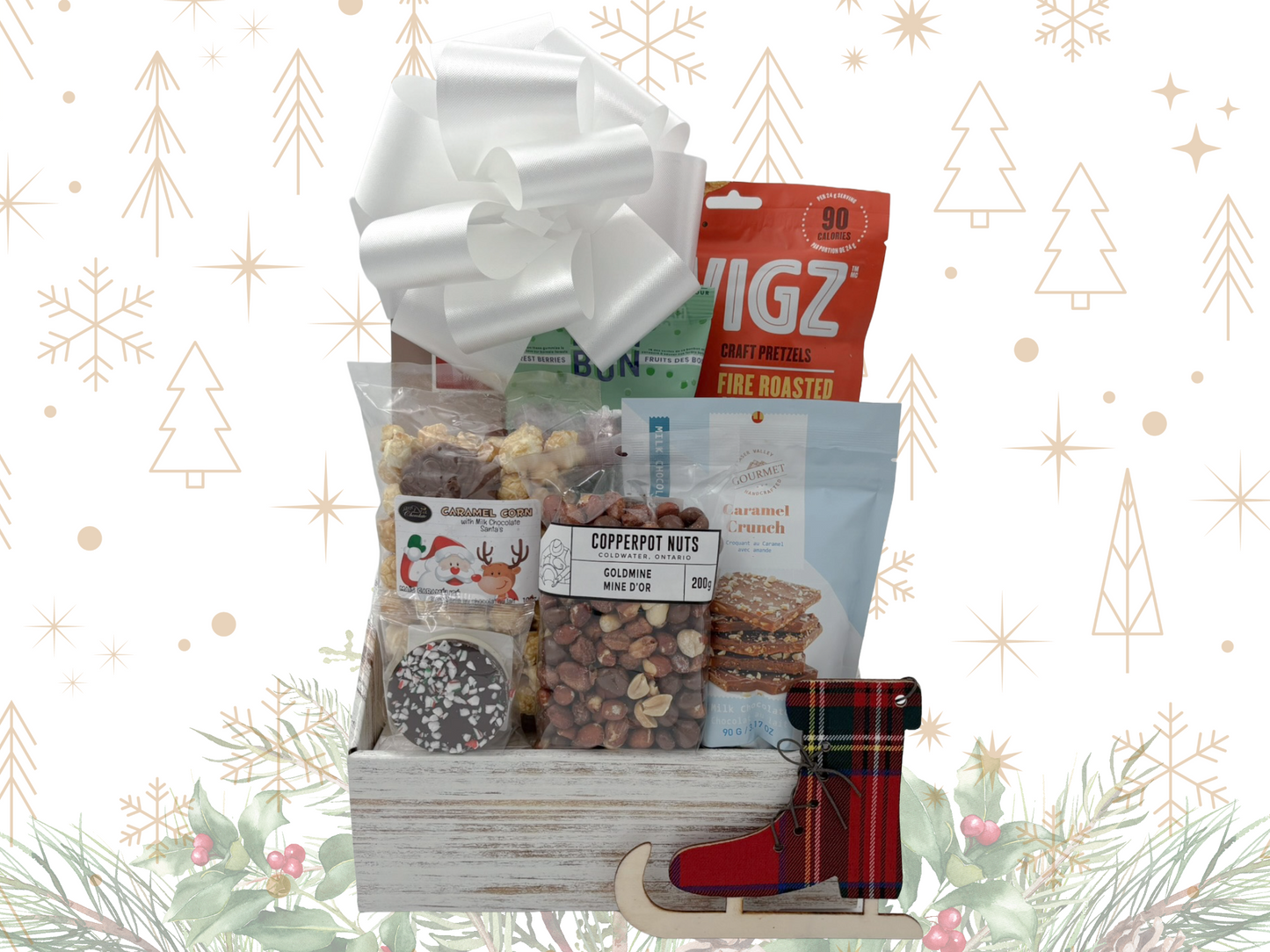 Gift basket with snacks and a bow on a festive background