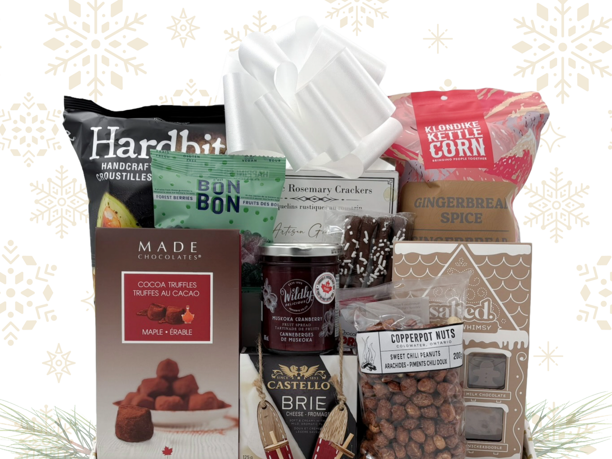 Assorted gourmet food items including chocolate truffles, crackers, and coffee on a decorative background.