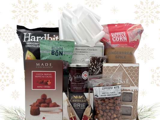 Assorted gourmet food items including chocolate truffles, crackers, and coffee on a decorative background.