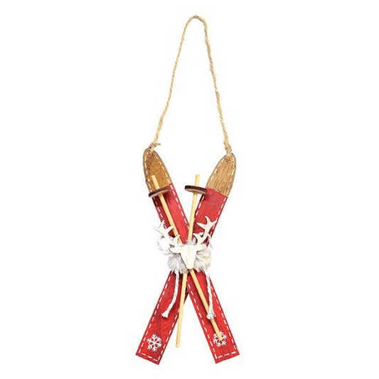 Holiday ornament of 2 skis with poles