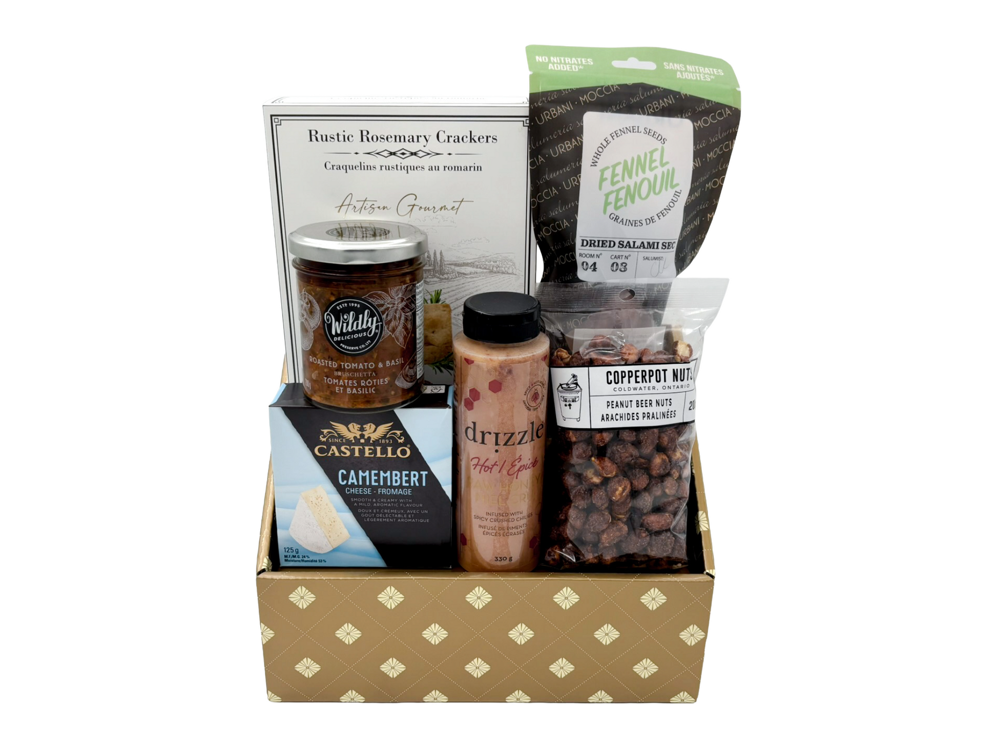 Gift box with assorted savoury food items on a white background