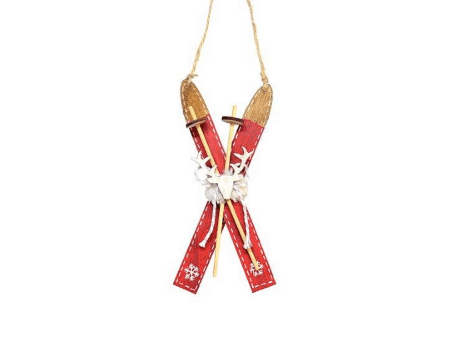 Decorative ornament resembling skis with red base and gold tips on a white background