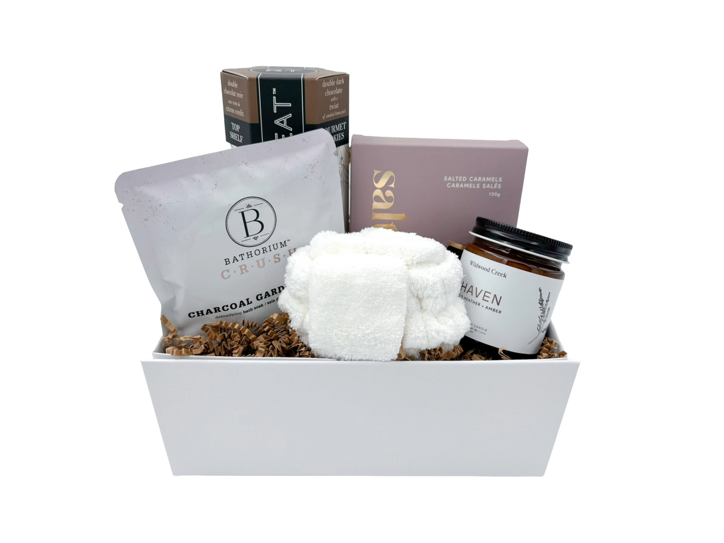 Gift box full of self care items 