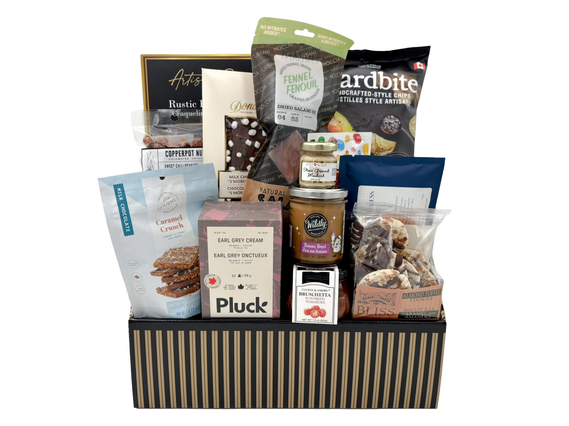 Gift basket full of Canadian snacks to send as a gift of comfort.