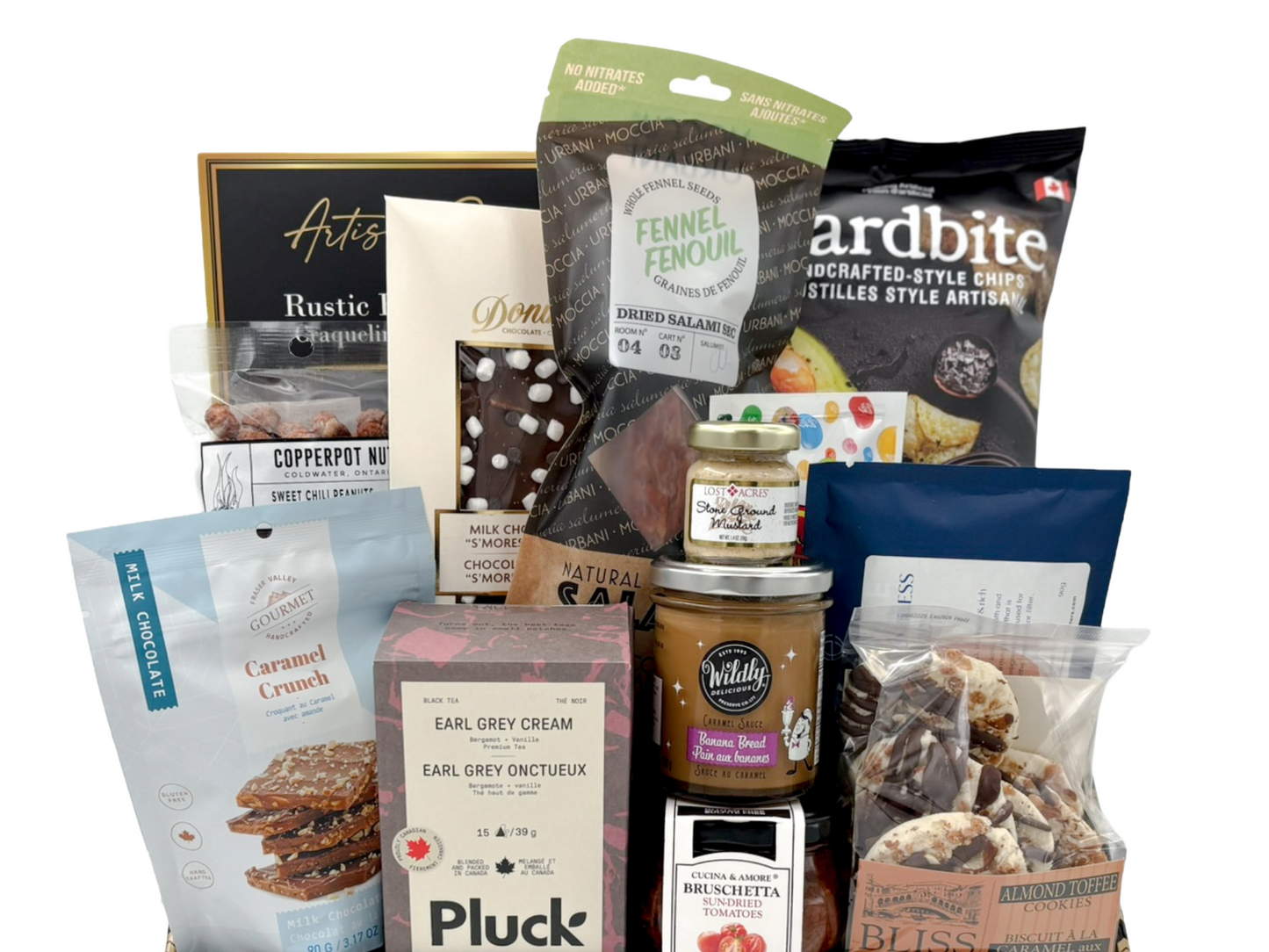 Gift basket full of Canadian snacks to send as a gift of comfort.