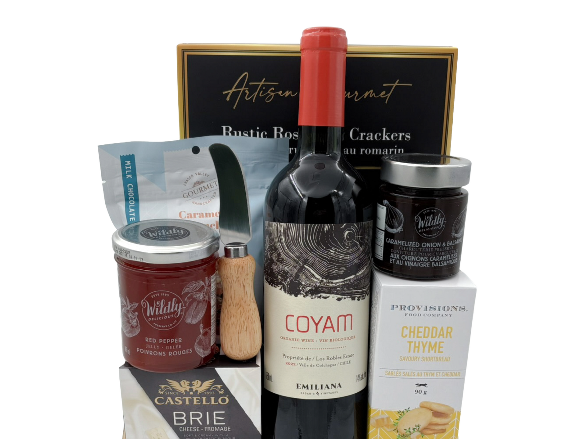 wine and gourmet snacks in a gift box on a white background