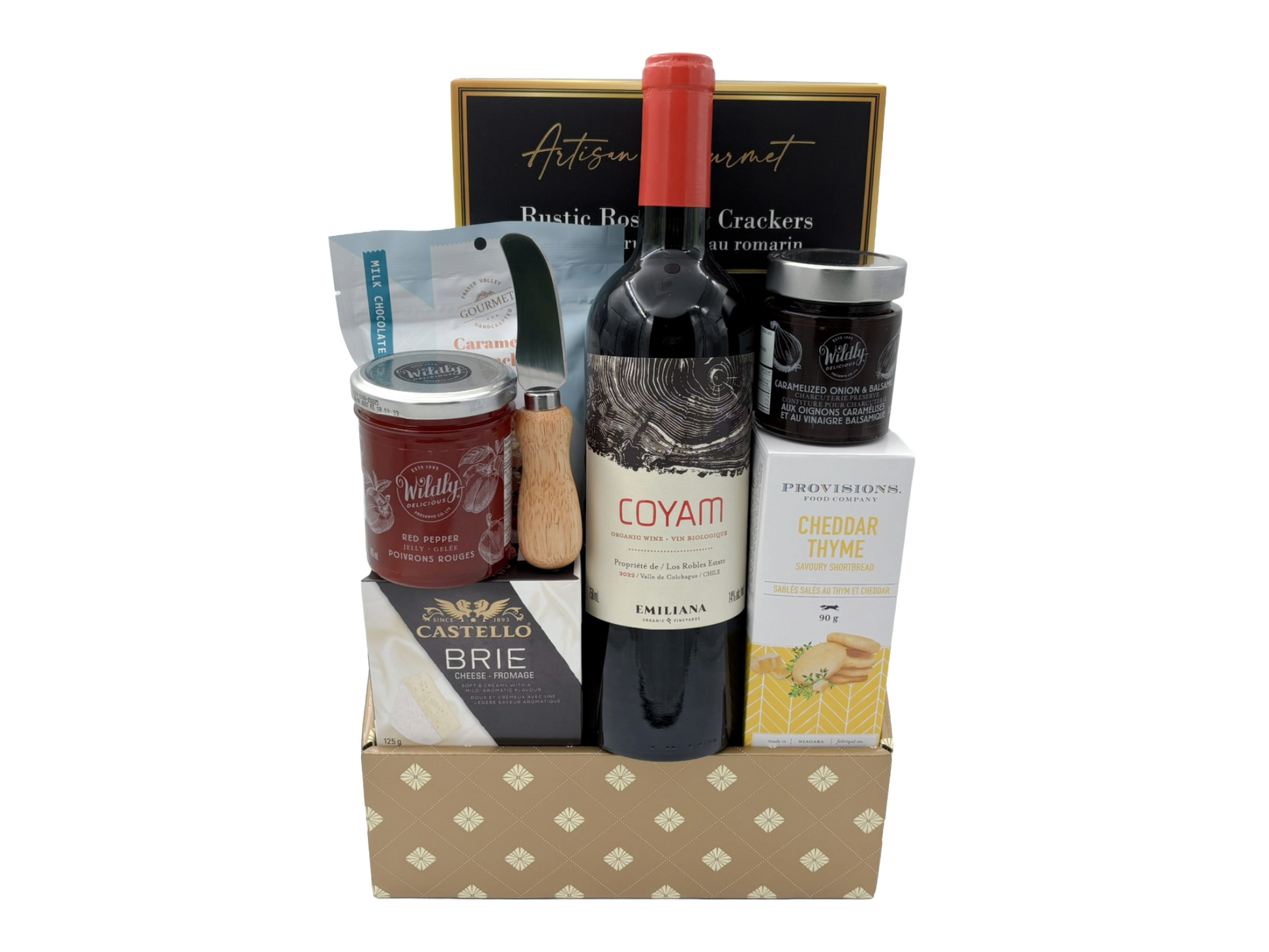 wine and gourmet snacks in a gift box on a white background