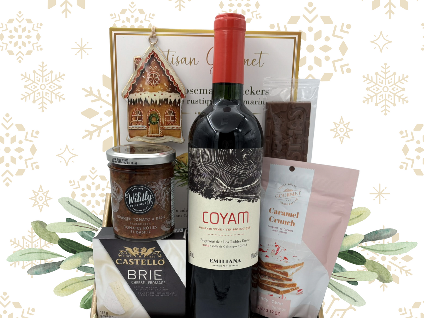 Wine bottle with snacks and a card on a decorative background