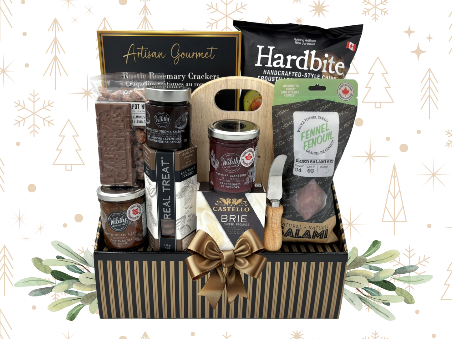 Gift basket with various food items on a decorative background