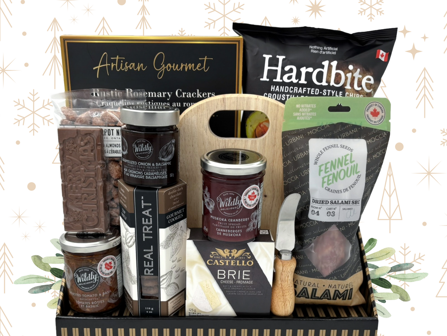 Gourmet gift basket with various food items including crackers, cheese, and salami on a decorative background.