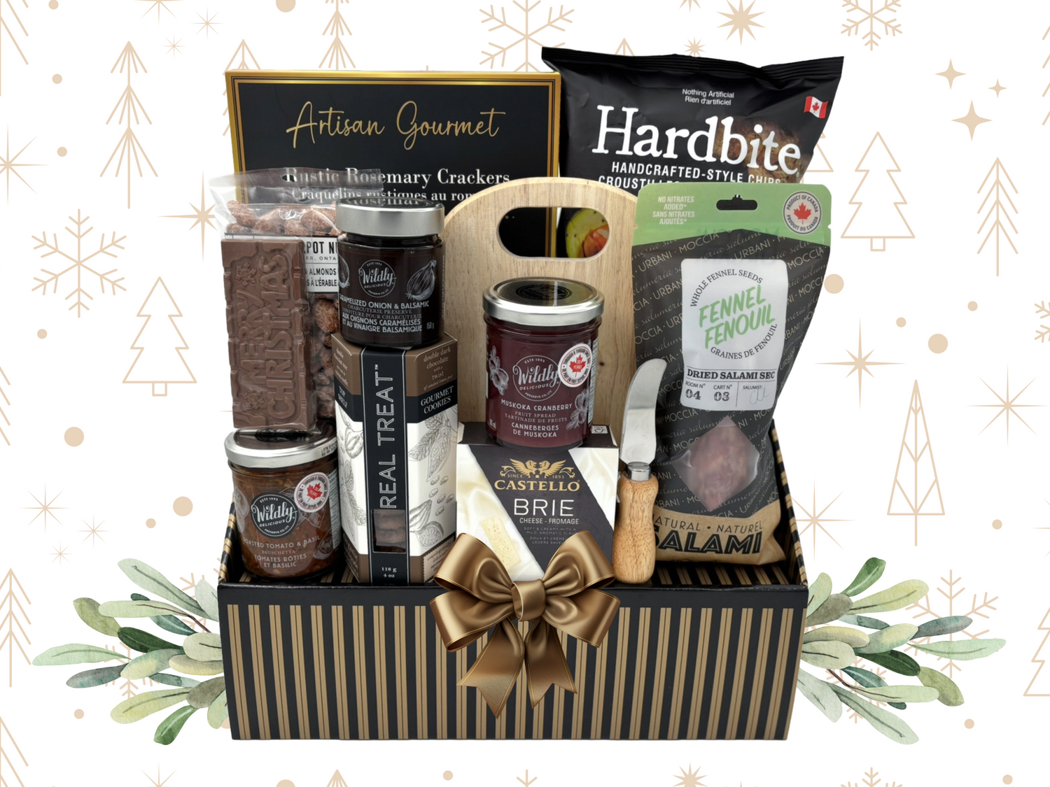Gift basket with various food items on a decorative background